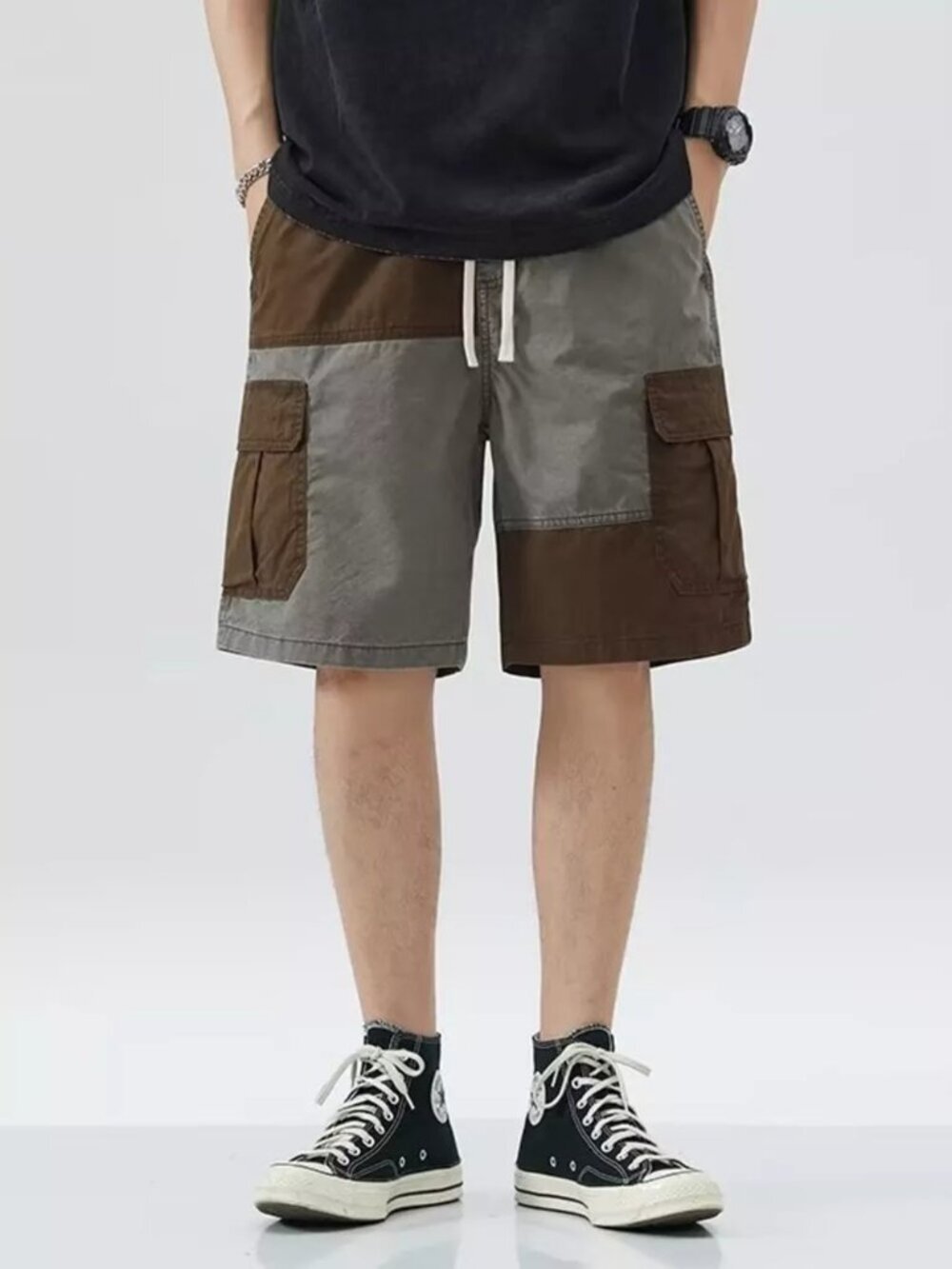 Men's Plus Size Two-Tone Cargo Shorts with Drawstring